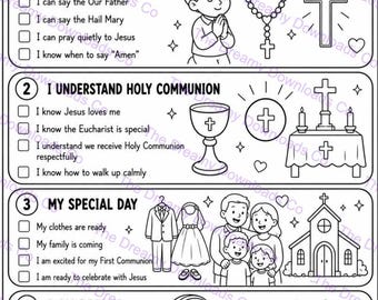 May include: A black and white printable worksheet titled My First Communion Preparation Checklist. It features four sections with checkboxes, illustrations of a child praying, a rosary, a cross, a chalice, a church, and a family, plus text prompts.