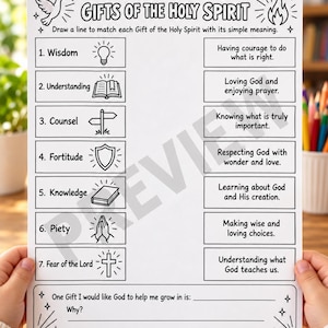 May include: A black and white educational worksheet titled Gifts of the Holy Spirit. It features a matching activity with seven numbered items including Wisdom, Understanding, Counsel, Fortitude, Knowledge, Piety, and Fear of the Lord with icons.