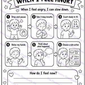 May include: A black and white educational worksheet titled When I Feel Angry. It features six numbered steps with illustrations of a child demonstrating coping strategies like breathing, counting, and choosing calm actions, plus a space to write feelings.