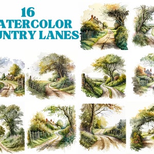 Pacote de clipart Countryside Country Lane, Aquarela - Pacote de imagens JPG, Uso comercial, Download digital, Arte de parede, Junk Journal, Scrap Book,