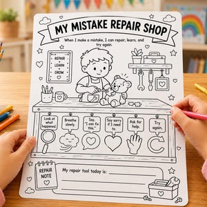Peut inclure: Une feuille de coloriage en noir et blanc intitulée MY MISTAKE REPAIR SHOP. Elle représente un enfant réparant un ours en peluche sur un établi, avec des étapes pédagogiques comme Look at what happened, Breathe slowly et Try again.