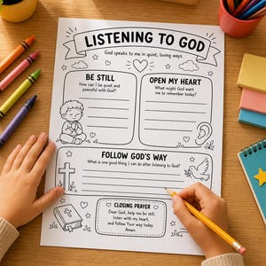 Può includere: Un foglio di attività bianco intitolato LISTENING TO GOD con illustrazioni a linee nere che includono un bambino che prega, una croce, una colomba e una Bibbia. La pagina presenta sezioni per Be Still, Open My Heart, Follow God's Way e Closing Prayer.