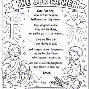 Op de afbeelding: Een zwart-wit kleurplaat met de tekst van het Onze Vader gebed. De illustratie bevat een kruis, wolken, sterren, harten, een figuur met twee kinderen, een knielend kind, een mand met brood en de tekst Pray With Love Jesus listens when we pray.