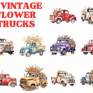 Vintage Flower Trucks Clipart Bundle, Watercolor - JPG Image Pack, Commercial Use, Digital Download, Wall Art, Junk Journal, Scrap Book,