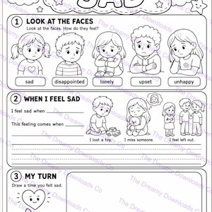 May include: A black and white educational worksheet titled SAD featuring three sections. Section one shows five illustrated children with labels: sad, disappointed, lonely, upset, and unhappy. Section two includes prompts about feeling sad with illustrations of a child losing a toy, missing someone, and feeling left out. Section three provides space to draw a personal experience.