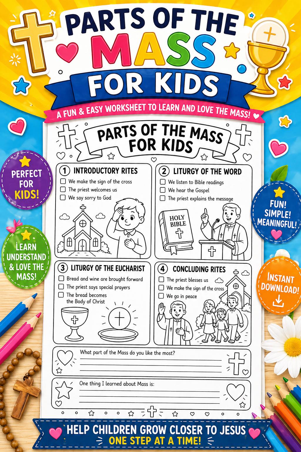 Parts of the Mass for Kids Printable | Catholic Mass Worksheet | First ...