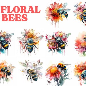 Floral Bees Clipart Bundle, Watercolor - JPG Image Pack, Commercial Use, Digital Download, Wall Art, Junk Journal, Scrap Book,