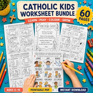 Peut inclure: Un ensemble de fiches d'exercices pour enfants catholiques comprenant 60 pages d'activités imprimables. Les feuilles incluent les œuvres de miséricorde, le Je vous salue Marie, le Credo, les mystères joyeux et les fruits de l'Esprit.