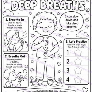 Könnte beinhalten: Eine schwarz-weiße Malvorlage mit dem Titel I CAN TAKE DEEP BREATHS, die Kinder bei Atemübungen zeigt, wie das Riechen an einer Blume oder das Pusten eines Windrads, ergänzt durch nummerierte Schritte und vier nachzuziehende Sterne.
