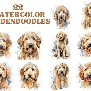 Goldendoodle Hund Clipart Bundle, Aquarell - JPG Image Pack, kommerzielle Nutzung, digitaler Download, Wandkunst, Junk Journal, Scrap Book,