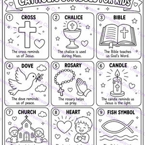 Può includere: Una pagina da colorare in bianco e nero intitolata CATHOLIC SYMBOLS FOR KIDS. Presenta nove sezioni numerate con illustrazioni e testo che descrivono simboli tra cui una croce, un calice, una bibbia, una colomba, un rosario, una candela, una chiesa, un cuore e un pesce.
