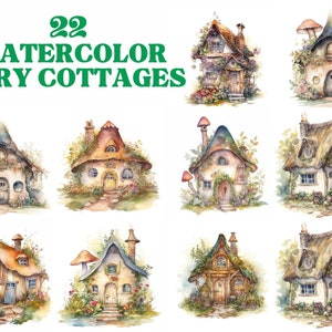 Fairy Cottages Clipart Bundle, Watercolor - JPG Image Pack, Commercial Use, Digital Download, Wall Art, Junk Journal, Scrap Book,