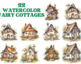 Fairy Cottages Clipart Bundle, Aquarelle - JPG Image Pack, Utilisation commerciale, Téléchargement numérique, Art mural, Junk Journal, Scrap Book,