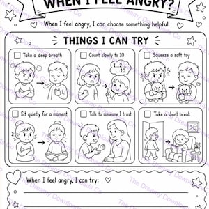 Könnte beinhalten: Ein schwarz-weißes Arbeitsblatt mit dem Titel What Can I Do When I Feel Angry? mit sechs illustrierten Feldern, die Bewältigungsstrategien wie tiefes Durchatmen, bis zehn zählen, ein Spielzeug drücken, ruhig sitzen, sprechen und eine Pause machen zeigen.