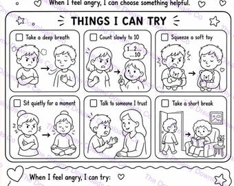 May include: A black and white printable worksheet titled What Can I Do When I Feel Angry? featuring six illustrated boxes with coping strategies like taking a deep breath, counting to ten, squeezing a toy, sitting quietly, talking, and taking a break.