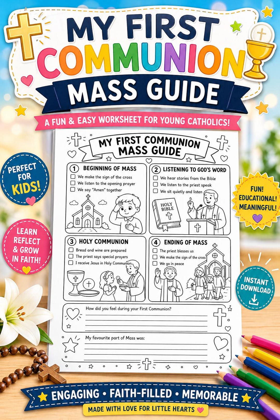 First Communion Mass Guide for Kids Printable | Catholic Holy Communion ...