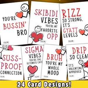 Tarjetas de San Valentín para niños de Slang, Skibidi Sigma Rizz, imprimibles divertidos, No Cap Bruh, Gen Z Alpha, figura de palo, regalo genial para niños y niñas en el aula