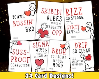 Tarjetas de San Valentín con jerga de la Generación Z para niños / Tendencia divertida para el aula: "Alpha Skibidi Rizz Bruh" / Descarga digital divertida para niños y niñas