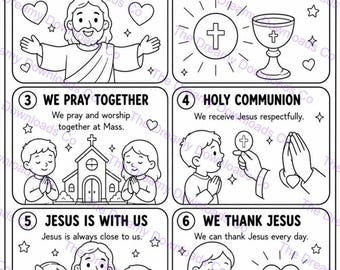 May include: A black and white educational coloring page titled JESUS IN THE EUCHARIST. It features six numbered panels illustrating religious concepts with line art of Jesus, children, a chalice, a church, and hearts, plus a MY PRAYER section.