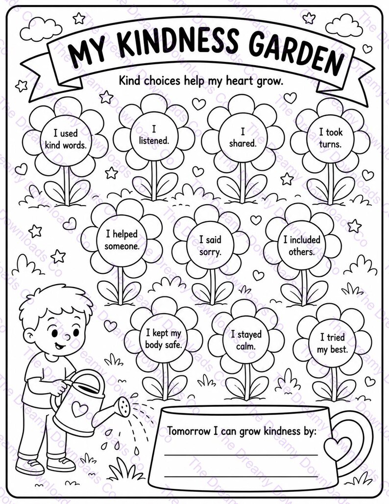 Kindness Garden Worksheet Kids SEL Printable Friendship Reflection Social Skills Classroom Activity image 2