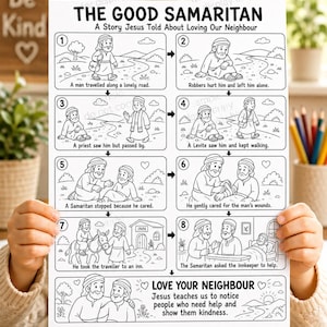 Puede incluir: Una hoja de actividades imprimible en blanco y negro titulada The Good Samaritan, A Story Jesus Told About Loving Our Neighbour. Presenta ocho paneles de dibujos numerados que ilustran la historia bíblica, terminando con el texto Love Your Neighbour.