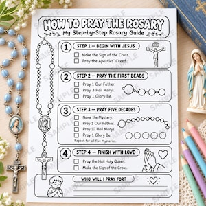 May include: A white instructional sheet titled How to Pray the Rosary with black text and line art illustrations. It features four numbered steps, checkboxes, a rosary diagram, and a section for prayer intentions, accompanied by a blue beaded rosary.