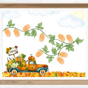 May include: A watercolor illustration of a vintage orange truck filled with pumpkins and gourds. The truck has a "Pumpkin" sign on the side and is driving through a field of orange, yellow, and red leaves. A vine with orange leaves grows across the top of the image.