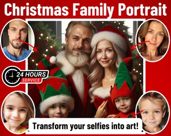 Custom Family Portrait Painting From Multiple Different Photos Christmas Wall Art Print, Personalized Digital Santa Claus Artwork, Gift Card