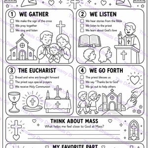 May include: A black and white educational coloring page titled The Parts of the Mass. It features four numbered sections: We Gather, We Listen, The Eucharist, and We Go Forth, each with illustrations of church activities, checkboxes, and text.