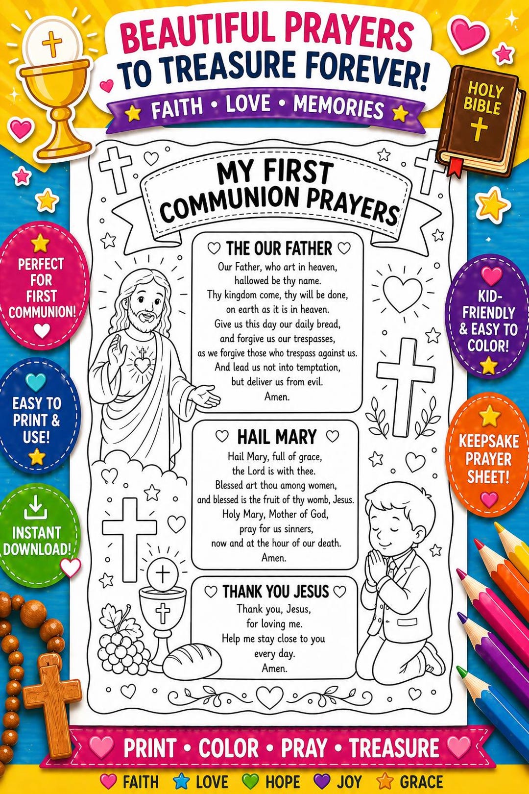 First Communion Prayers Printable for Kids | Catholic Prayer Sheet Our ...