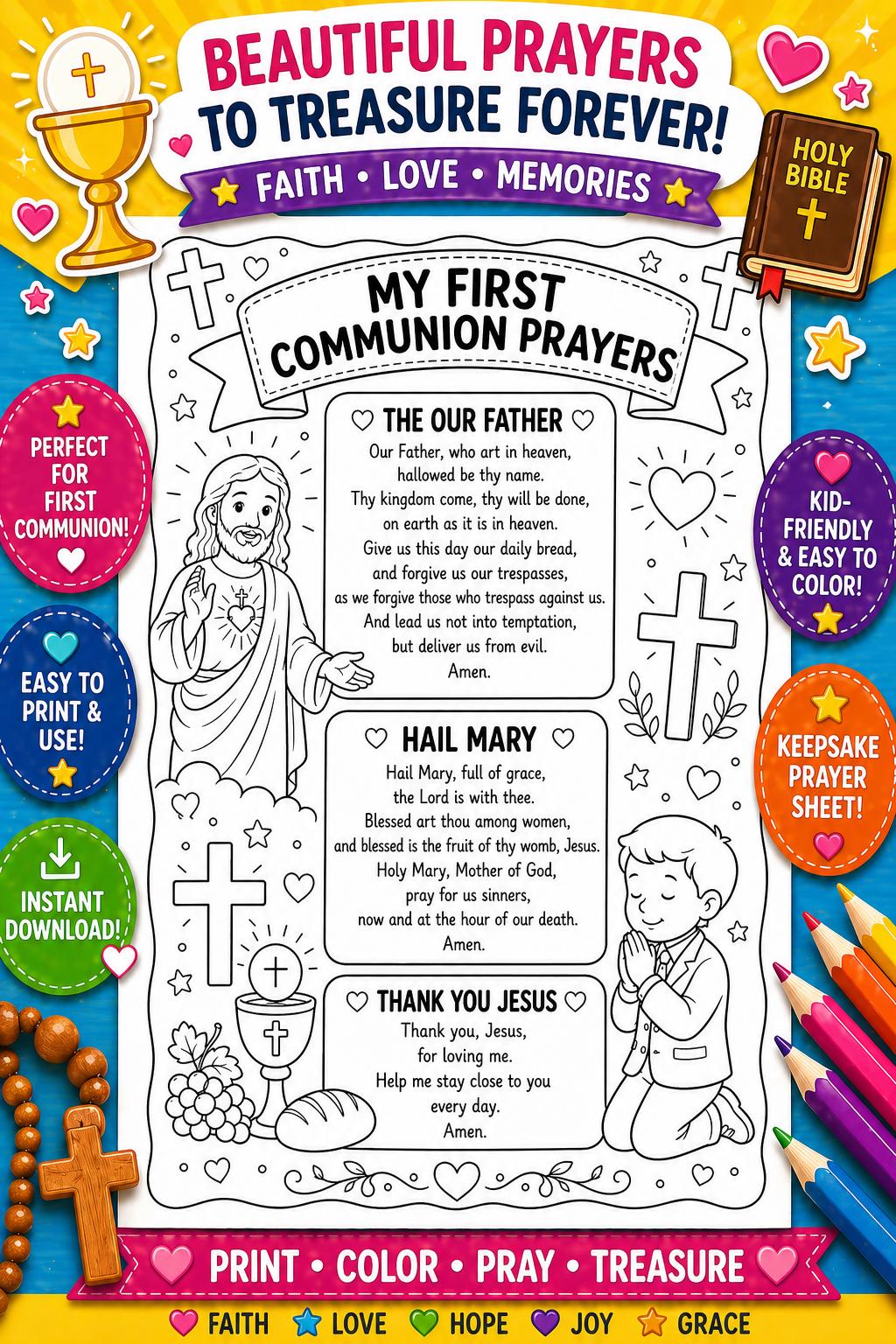 First Communion Prayers Printable for Kids | Catholic Prayer Sheet Our ...
