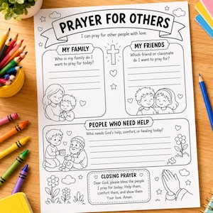Preghiera per gli altri, bambini, foglio di lavoro cristiano sulla cura, pagina da colorare stampabile, attività per la scuola domenicale VBS