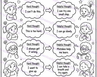 Can’t Do It Feelings Worksheet for Kids, Helpful Thoughts Printable, Growth Mindset SEL Activity