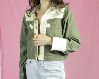 Patchwork Jacket in Khaki Green, Handmade Boho Style Jacket in Size S