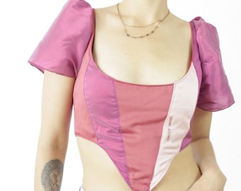 Upcycling Patchwork Corset Top Pink With Puffy Sleeves reworked vintage clothing shop hot pink rework y2k