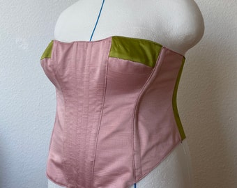 Plus Sized Unique Handsewn and Upcycled Bandeau Corset Top - Old School Pink and Satin Green - EU Size 48