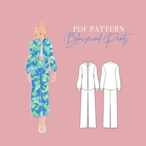 Könnte beinhalten: Ein PDF-Schnittmuster für eine Bluse und eine Hose. Das Schnittmuster enthält eine Vorder- und Rückseite der Bluse und der Hose. Die Bluse hat einen Kragen und lange Ärmel. Die Hose ist weit geschnitten.