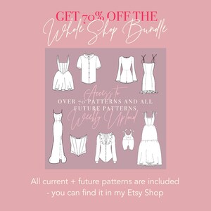 K&ouml;nnte beinhalten: Eine Grafik, die verschiedene Schnittmuster f&uuml;r Kleidung zeigt, mit dem Text "GET 70% OFF THE Whole Shop Bundle" oben. Der Text "Access to OVER 70 PATTERNS AND ALL FUTURE PATTERNS Weekly Upload" befindet sich in der Mitte des Bildes. Der Text "All current + future patterns are included - you can find it in my Etsy Shop" befindet sich unten im Bild.