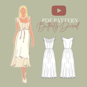 May include: A cream-coloured dress illustration with a square neckline, frilled sleeves, and a ribbon belt. The image includes a drawing of a person wearing the dress and two technical drawings. Text reads "PDF PATTERN Butterfly Dirndl".
