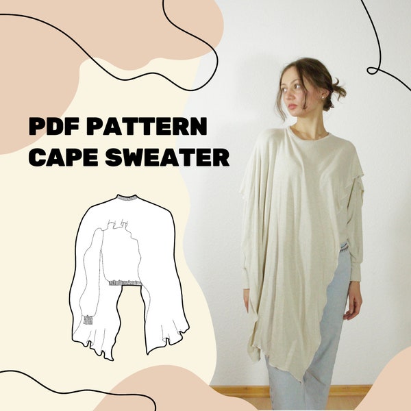 CAPE SWEATER PATTERN - Capelet Jumper Sewing Pattern Pdf with integrated Scarf - Size xxs-xxl