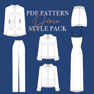 Op de afbeelding: Een digitale illustratie van een denim style pack, met een overhemd met ceintuur, een broek met wijde pijpen, een spijkerbroekrok, een jurk met spaghettibandjes en twee overhemden met knopen. De tekst "PDF PATTERN Denim STYLE PACK" wordt in het midden bovenaan weergegeven.