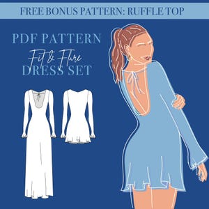 PATRÓN: Conjunto de vestido entallado - Versión mini y maxi - Manga larga - Patrón de costura en PDF - Tallas 32-48 - A4, A0, Carta - Descarga digital