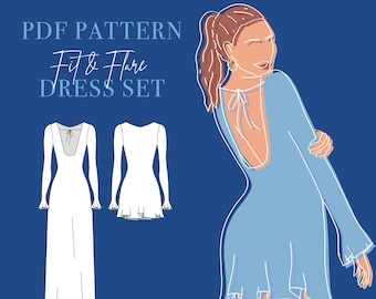 PATRON : ensemble robe ajustée et évasée - versions mini et maxi - patron de couture PDF manches longues - tailles 32-48 - A4, A0, lettre - téléchargement numérique