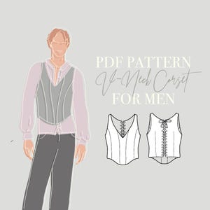 May include: Illustration of a V-neck corset pattern for men. The image shows a figure wearing a gray corset over a light pink shirt and gray pants. Two corset designs are also shown. Text reads "PDF Pattern V-Neck Corset FOR MEN."
