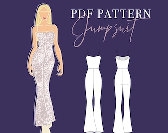 FLARED PANTS JUMPSUIT Pdf Sewing Pattern – Stretch Fabric – Sizes 32-48 – Digital Download A4, A0 & Letter - with 3 different top variations