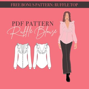 PATTERN Ruffle Blouse Digital Sewing Pattern | Sizes 32-48 | A0, A4, & Letter | Feminine V-Neck Design with Front Button Closure