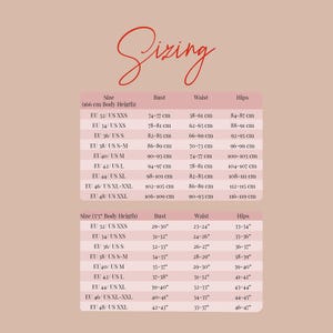 May include: A sizing chart with measurements in centimeters and inches for bust, waist, and hips. The chart includes sizes from EU 32/US XXS to EU 48/US XXL, with corresponding measurements for a body height of 166 cm and 5'5".