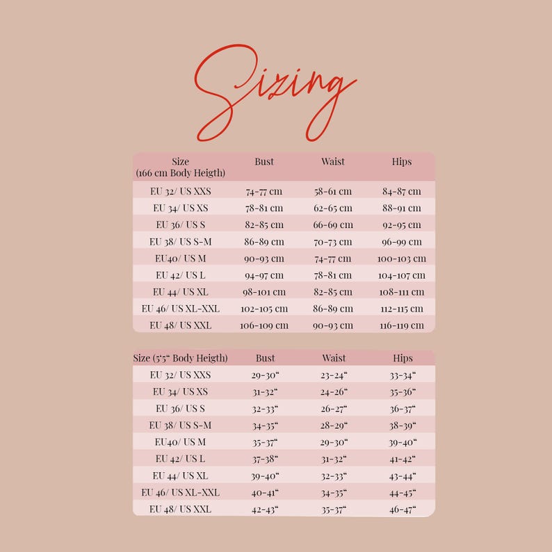 May include: A sizing chart with measurements in centimeters and inches for bust, waist, and hips. The chart includes sizes from EU 32/US XXS to EU 48/US XXL, with corresponding measurements for a body height of 166 cm and 5'5".