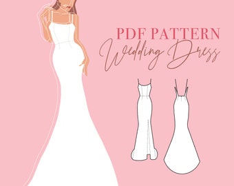 Backless Wedding Dress Sewing Pattern PDF | 30cm Train | Corset Option | Sizes XXS-XXL | Printable A4 & Letter | Photo Instructions