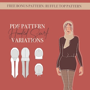 Peut inclure: Un patron PDF numérique pour une écharpe à capuche avec des variations, sur fond rouge. Le texte "PDF Pattern Hooded Scarf Variations" est visible. Une illustration d'une personne portant une écharpe et une robe est affichée.